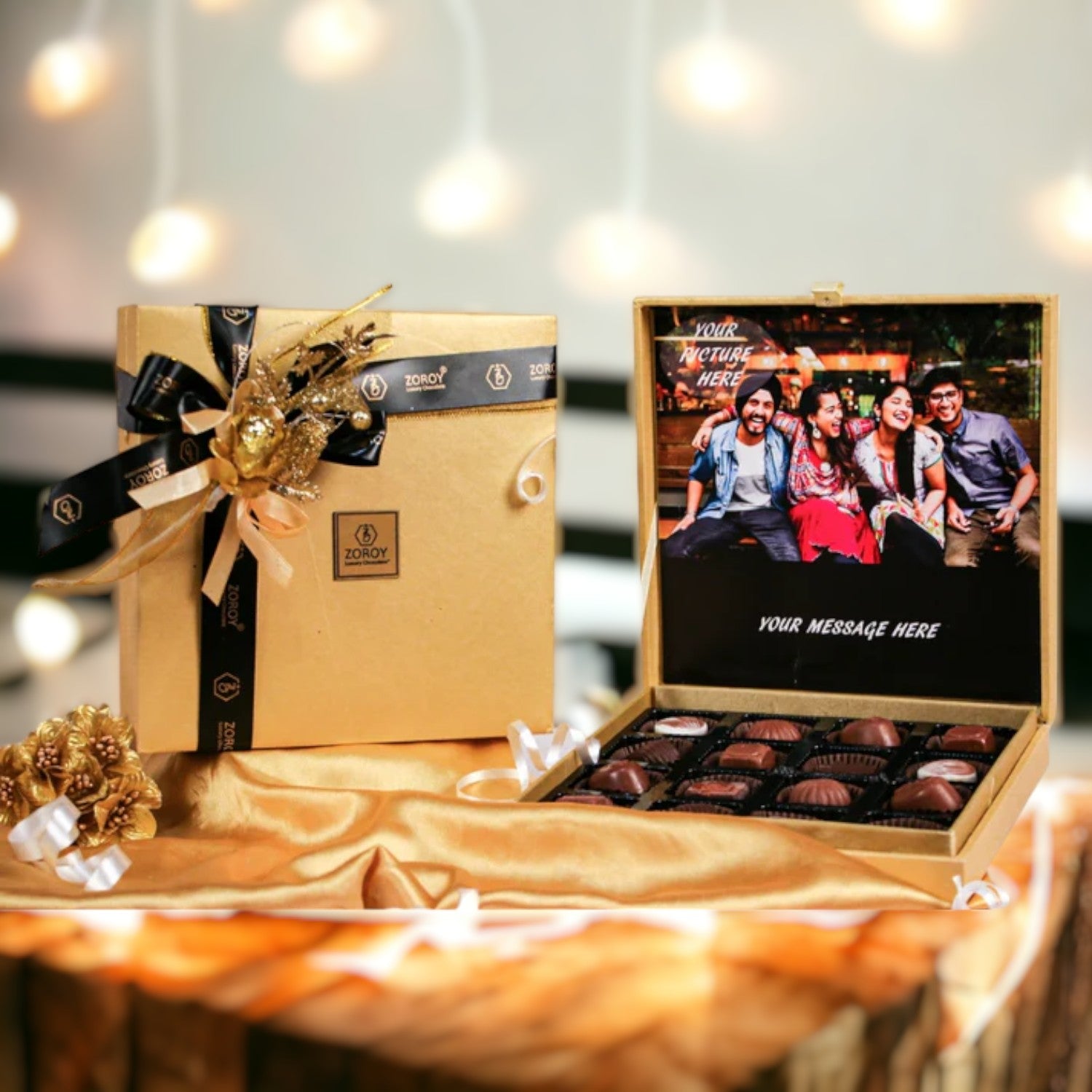 ZOROY Personalized Gold leather feel box with assorted chocolates