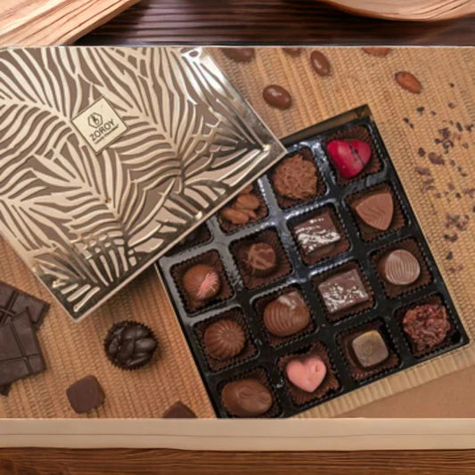 ZOROY Luxury Chocolate Premium Metal palm box | assorted chocolates 16 nos Gift Box for Diwali Festive Celebration Christmas Valentine Love New Year Rakhi Corporate combo Dark and Milk | 100% Veg