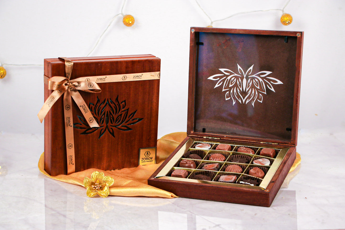 ZOROY Pure Wood Box with Classy Laser Cut Finish with16 Belgian chocolates