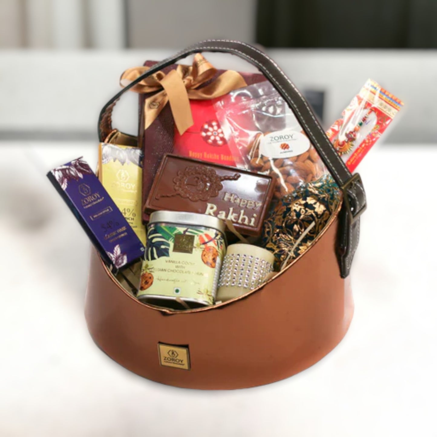 ZOROY Luxury Chocolate Rakhi Hamper for Brother Sister | Leather feel Rakhi basket with dry fruit | Rakhi chocolate | Rakhi set for Bhaiya Bhabhi | premium cookies | Rakhi gift combo