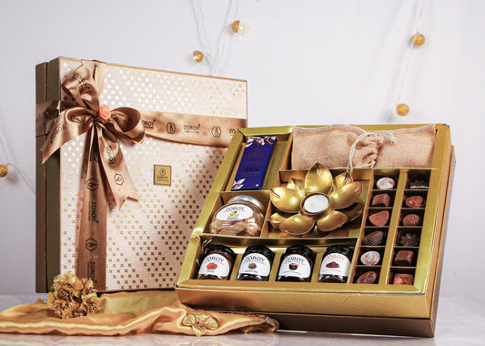 ZOROY The Elegance Hamper box of chocolates, dried fruits, assorted goody jars and t light candle holder