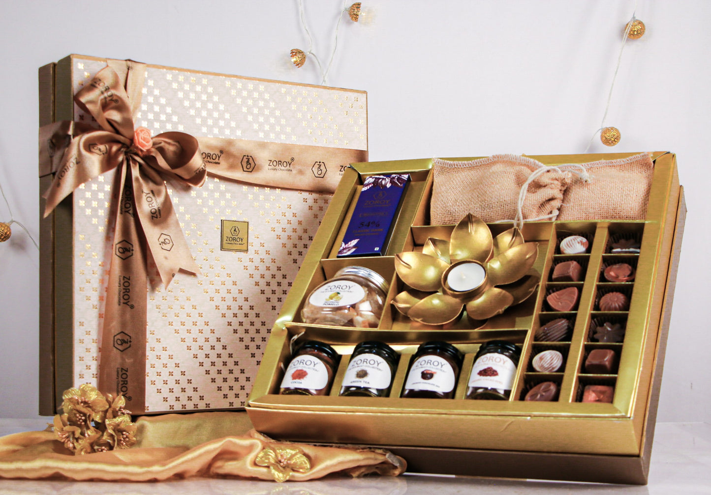 ZOROY The Elegance Hamper box of chocolates, dried fruits, assorted goody jars and t light candle holder