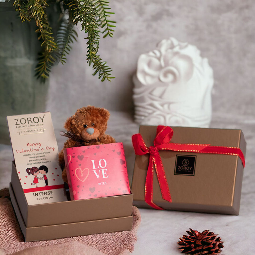 ZOROY Luxury Chocolate Valentines Trio Hamper | Assorted Chocolates | A gift for someone you love | Belgian style bar | Teddy bear | 100% Veg