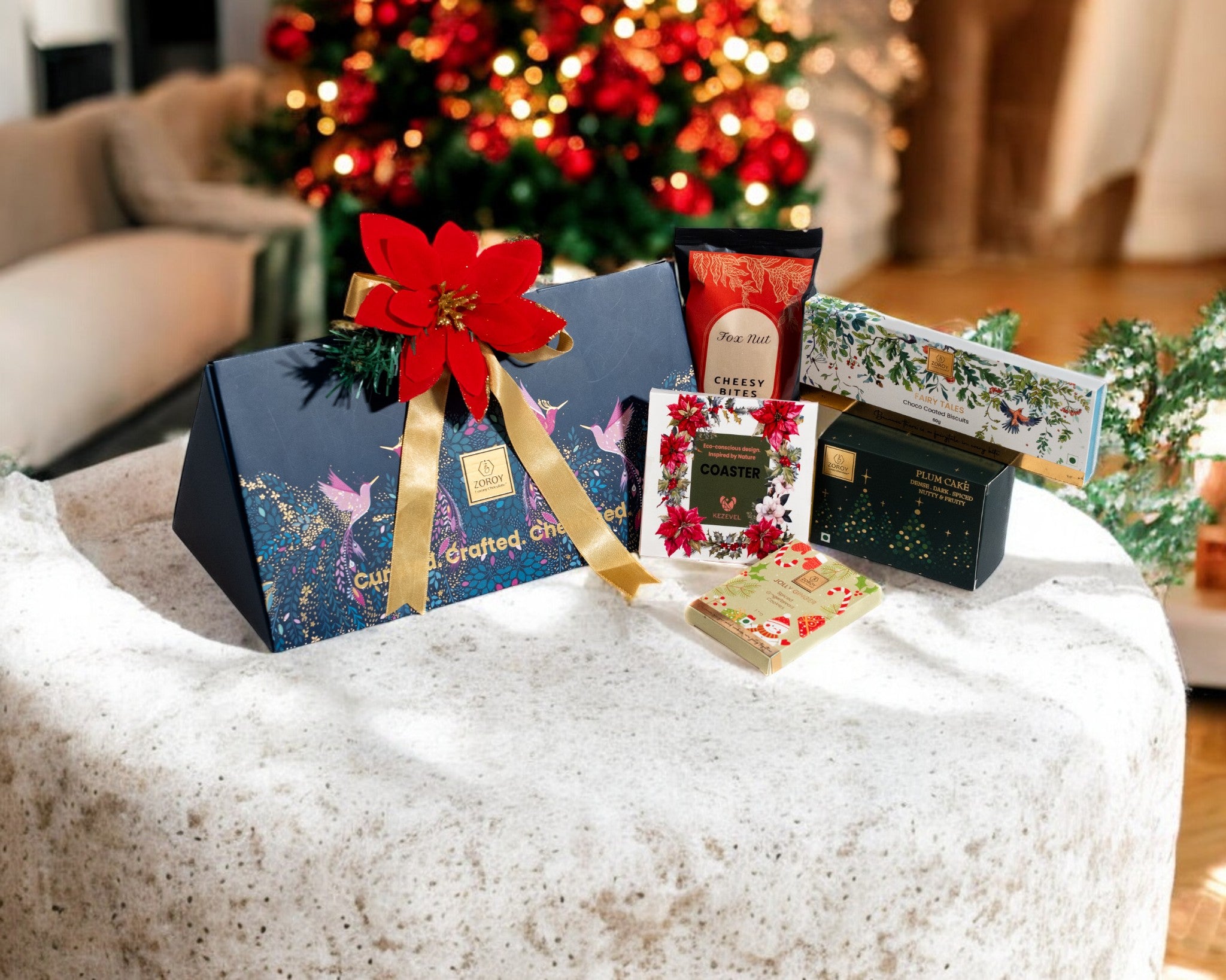 ZOROY Luxury Christmas Gift Hamper | Birds of Paradise Festive Box with Plum Cake 90g, Gingerbread Cookies, Choco Biscuit & Wooden Coasters | Secret Santa, Corporate & Holiday Gifting