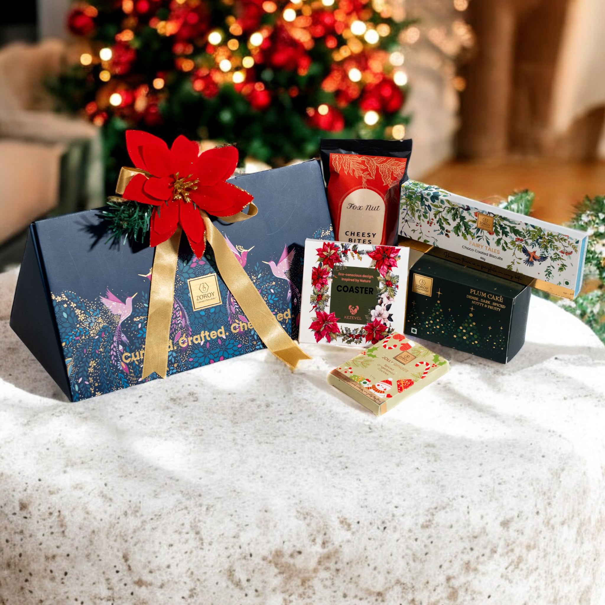 ZOROY Luxury Christmas Gift Hamper | Birds of Paradise Festive Box with Plum Cake 90g, Gingerbread Cookies, Choco Biscuit & Wooden Coasters | Secret Santa, Corporate & Holiday Gifting