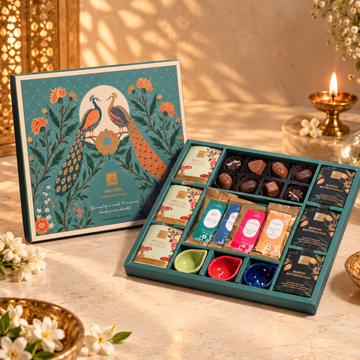 ZOROY Mayura Premium Gift Hamper | Assorted Chocolates, Cookies, Gourmet Nuts & Ceramic Diyas | Festive & Corporate Diwali Bulk Gifting