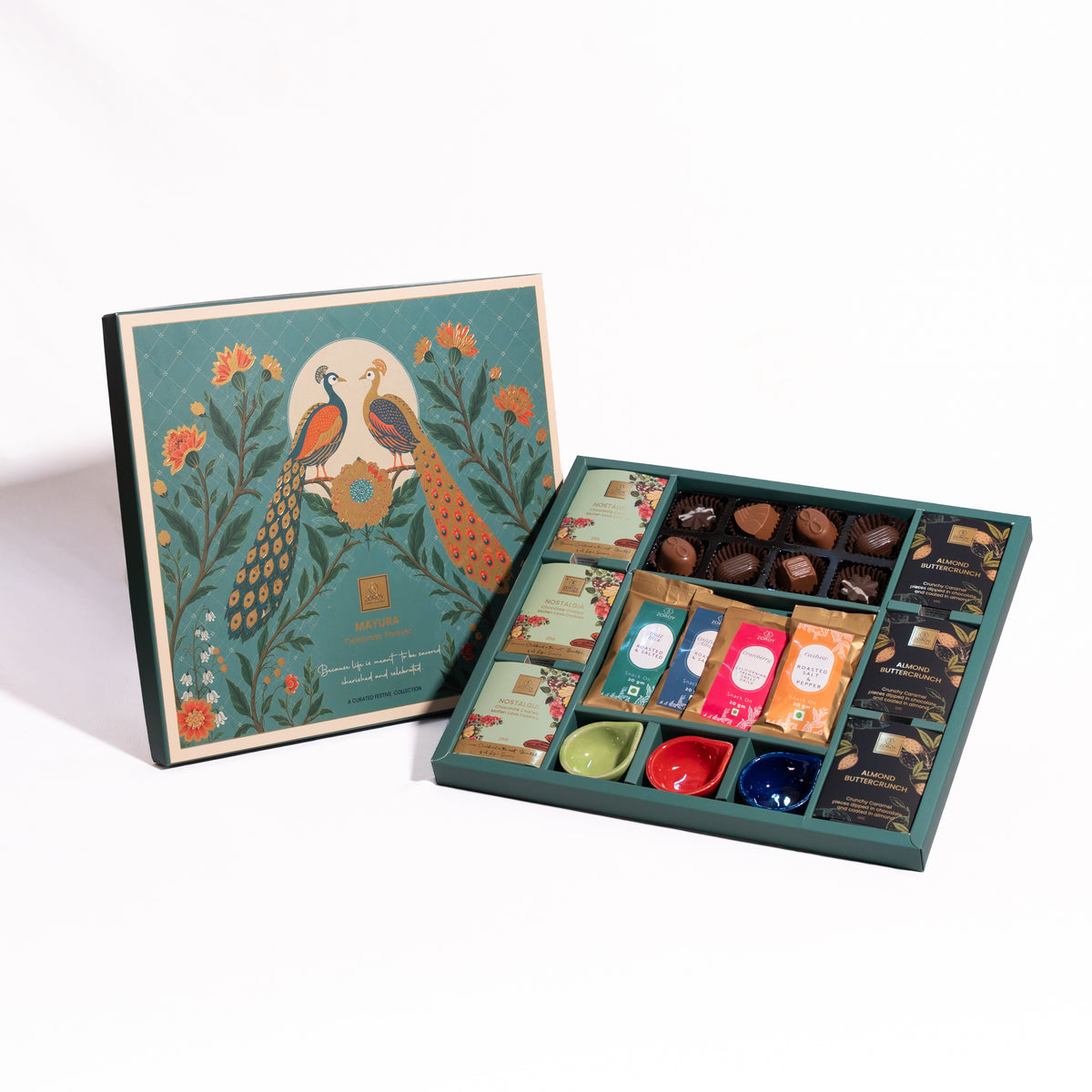 ZOROY Mayura Premium Gift Hamper | Assorted Chocolates, Cookies, Gourmet Nuts & Ceramic Diyas | Festive & Corporate Diwali Bulk Gifting