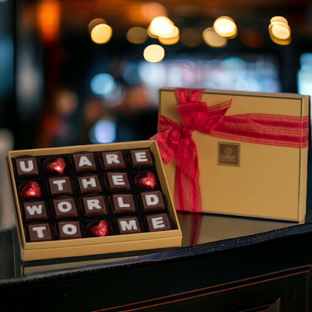 ZOROY Message Box saying U are the WORLD to meA neat and chic box containing 20 milk chocolates. The letters in the box says U mean the World to me. A perfect way to show your love and appreciation to someone who means everything.