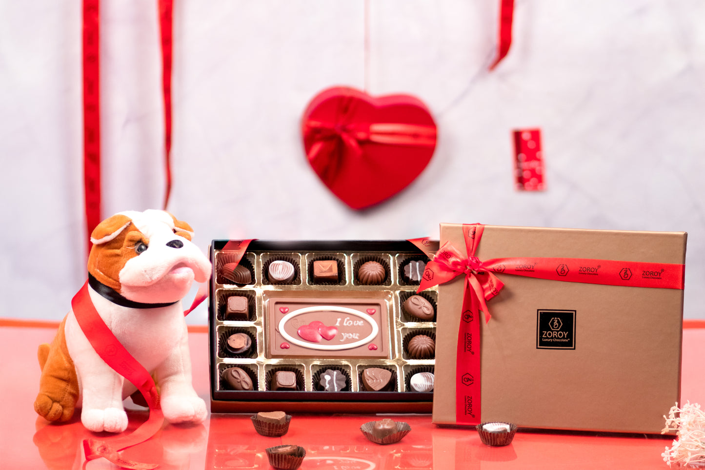 ZOROY An extremely cute Puppy with a box of Belgian chocolates and 'I Love You' Milk chocolate Bar