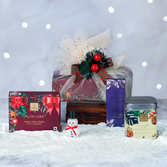 ZOROY Luxury Chocolate Christmas Mini Welcome Gift Hamper With Eggless Fruity Plum Cake, Cookies And Belgian Chocolate Bar For Corporate Friends sensational New Year Gifts Combo Box