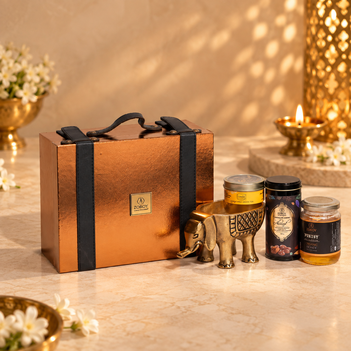 ZOROY Mini Suitcase Premium Gift Hamper | Gourmet Treats, Honey, Floral Tea & Elephant Candle Holder | Corporate & Bulk Gifting**"