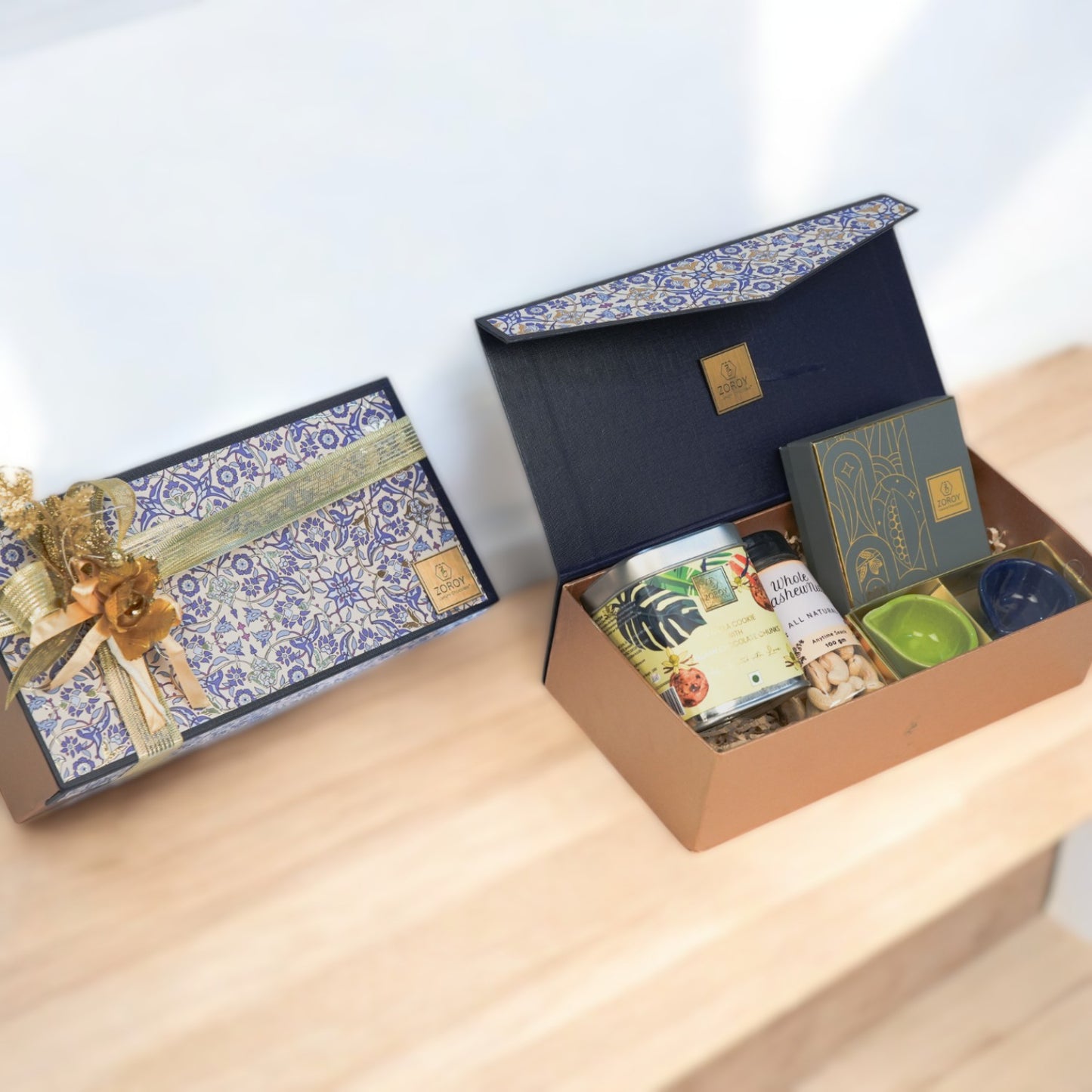 ZOROY Neel Combo Box Hamper contains Elegant Collection with Whole Cashew Nuts, Handmade Gourmet Cookie Tin, Box of 4 Premium Chocolates, and Set of 2 Ceramic Diyas – Perfect Gift Set for Diwali Festive and any occasion Gifting