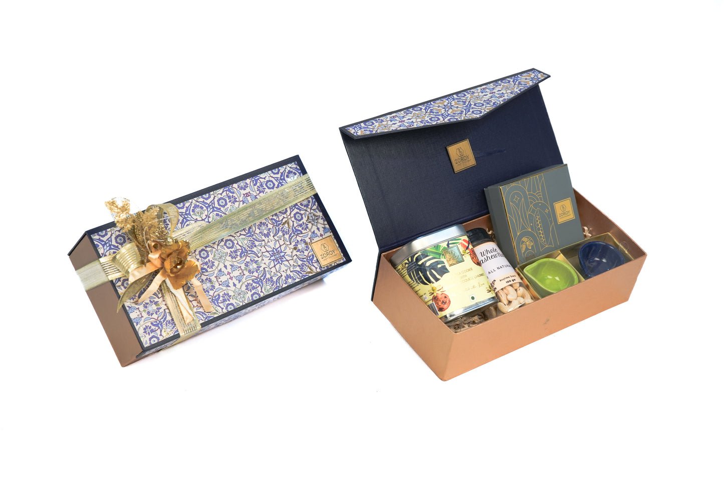 ZOROY Neel Combo Box Hamper contains Elegant Collection with Whole Cashew Nuts, Handmade Gourmet Cookie Tin, Box of 4 Premium Chocolates, and Set of 2 Ceramic Diyas – Perfect Gift Set for Diwali Festive and any occasion Gifting