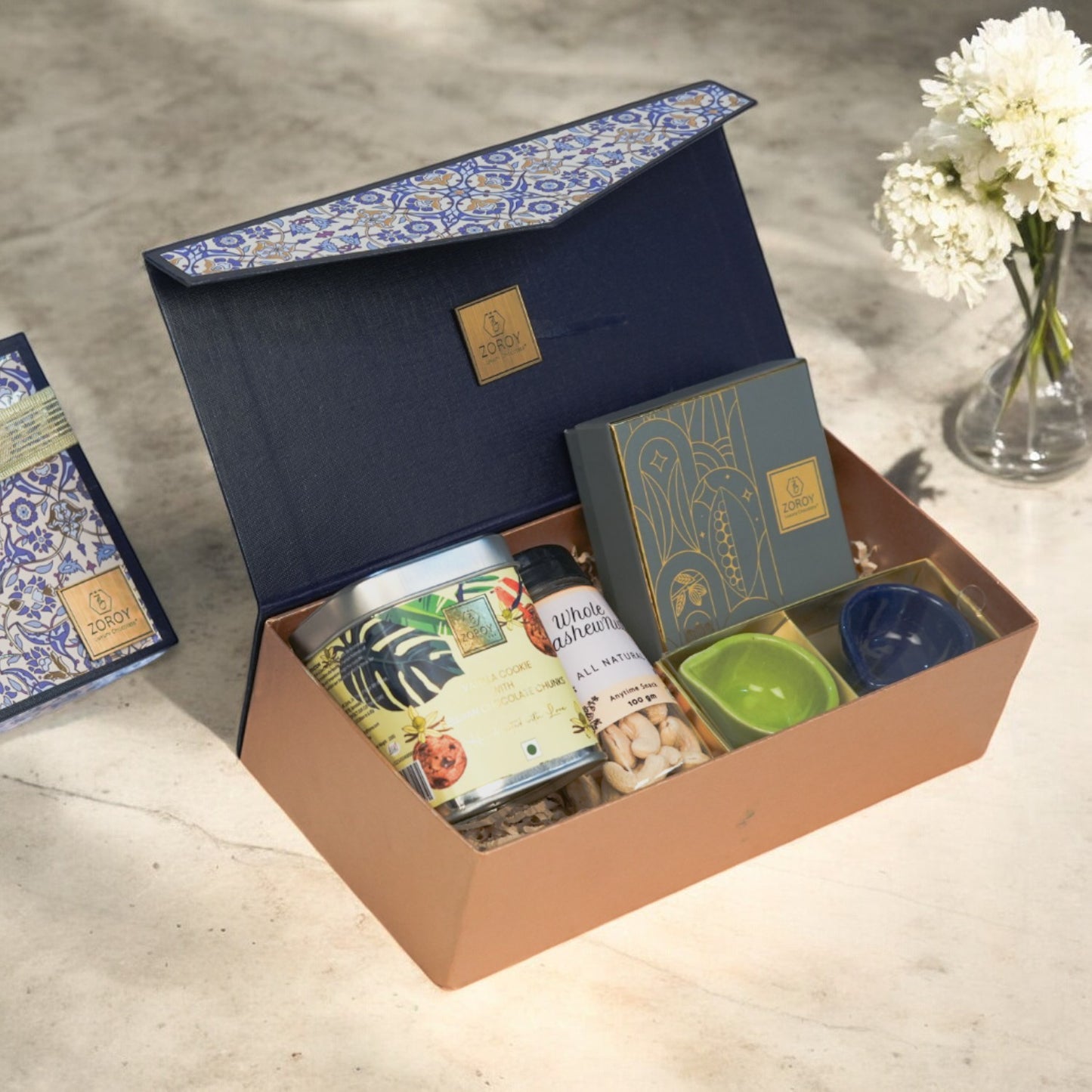 ZOROY Neel Combo Box Hamper contains Elegant Collection with Whole Cashew Nuts, Handmade Gourmet Cookie Tin, Box of 4 Premium Chocolates, and Set of 2 Ceramic Diyas – Perfect Gift Set for Diwali Festive and any occasion Gifting