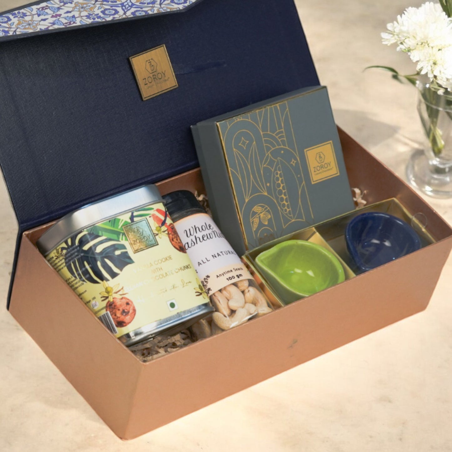ZOROY Neel Combo Box Hamper contains Elegant Collection with Whole Cashew Nuts, Handmade Gourmet Cookie Tin, Box of 4 Premium Chocolates, and Set of 2 Ceramic Diyas – Perfect Gift Set for Diwali Festive and any occasion Gifting