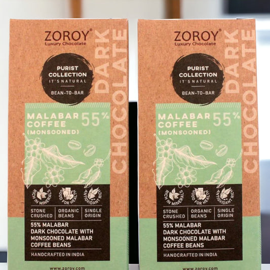 ZOROY Bean to Bar Purist Collection, Monsooned Malabar Coffee, 55% Organic Dark Chocolate bar, Pack of 2, 58gms Each - 116Gms