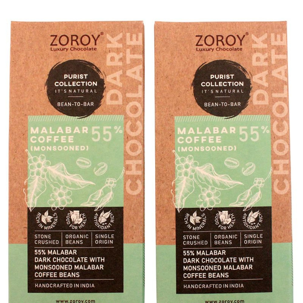 ZOROY Bean to Bar Purist Collection, Monsooned Malabar Coffee, 55% Organic Dark Chocolate bar, Pack of 2, 58gms Each - 116Gms
