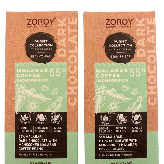ZOROY Bean to Bar Purist Collection, Monsooned Malabar Coffee, 55% Organic Dark Chocolate bar, Pack of 2, 58gms Each - 116Gms