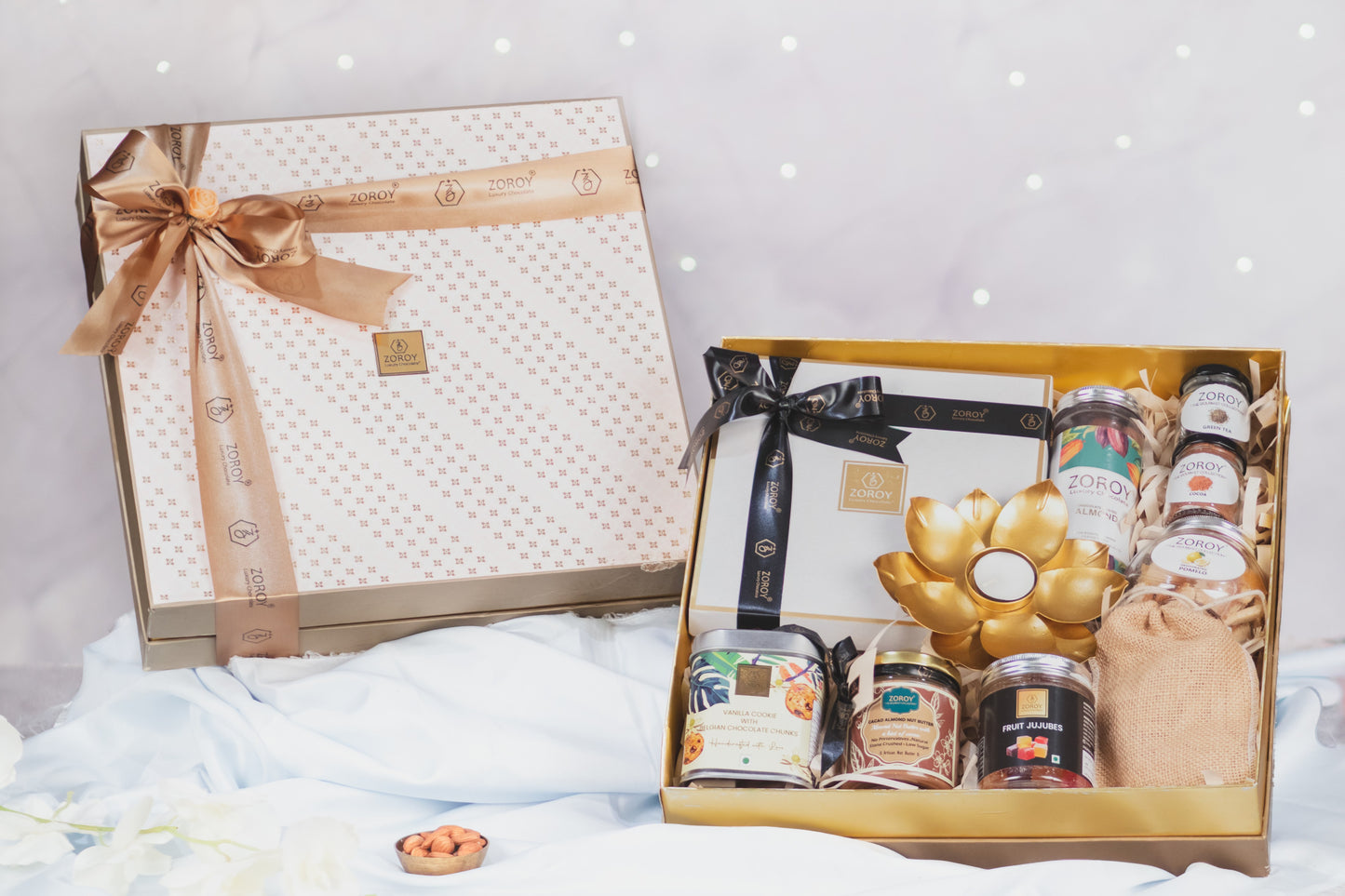 ZOROY Peach Loaded Boxed Hamper of chocolates, dry fruits, cookies, nut butters and all things nice
