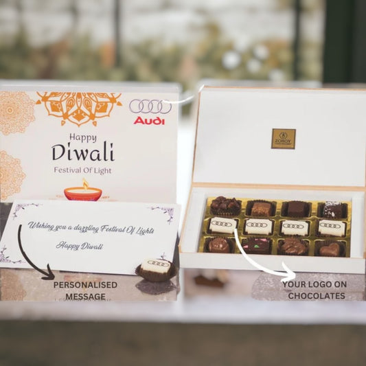 ZOROY Personalised Customised Photo Printed Wooden Chocolate Gift Box of 12 - Corporate Diwali Gifts with Company Name, Brand Logo printed on Chocolates and Personalised Message Card