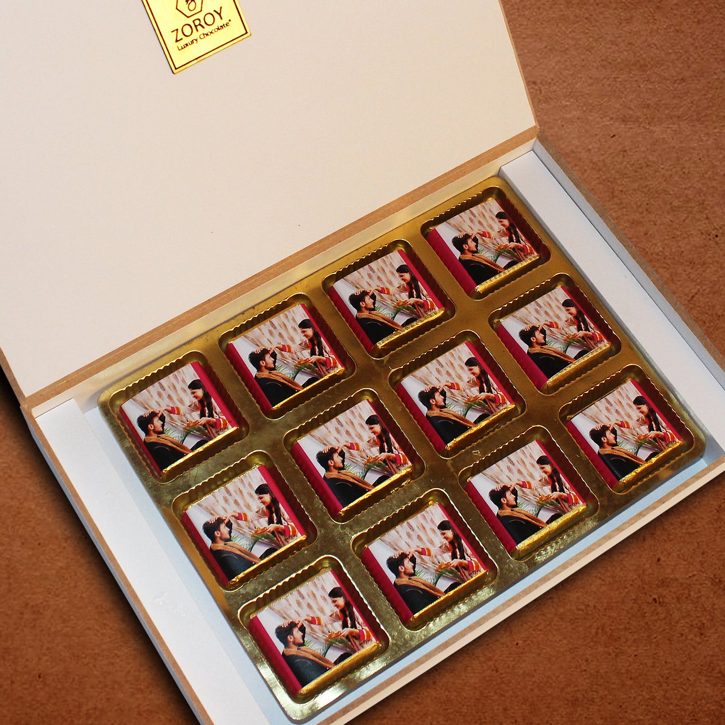 ZOROY - Elegant Rakhi Gift for Brother & Sister - Personalized Gift Box and Wrapped Chocolates - 12 Wrapped Chocolates