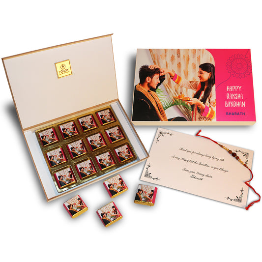 ZOROY - Elegant Rakhi Gift for Brother & Sister - Personalized Gift Box and Wrapped Chocolates - 12 Wrapped Chocolates