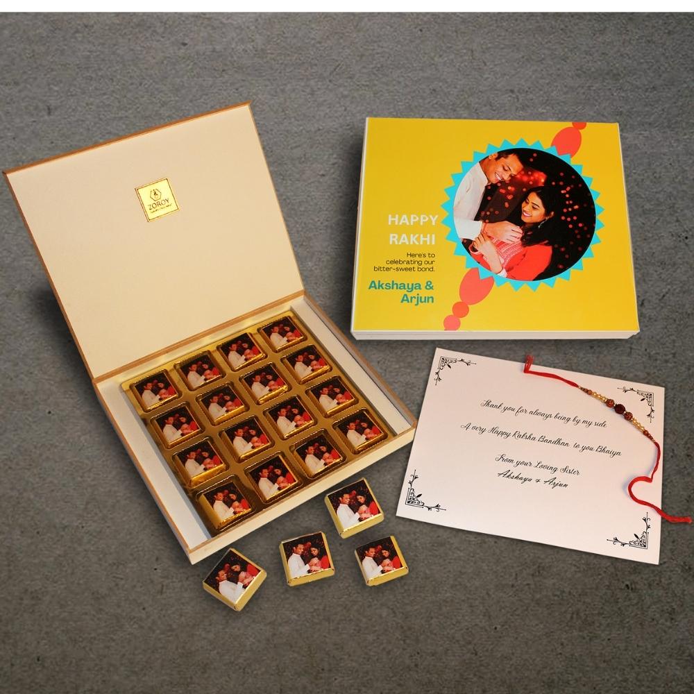 ZOROY - Elegant Rakhi Gift for Brother & Sister - Personalized Gift Box and Wrapped Chocolates - 16 Wrapped Chocolates