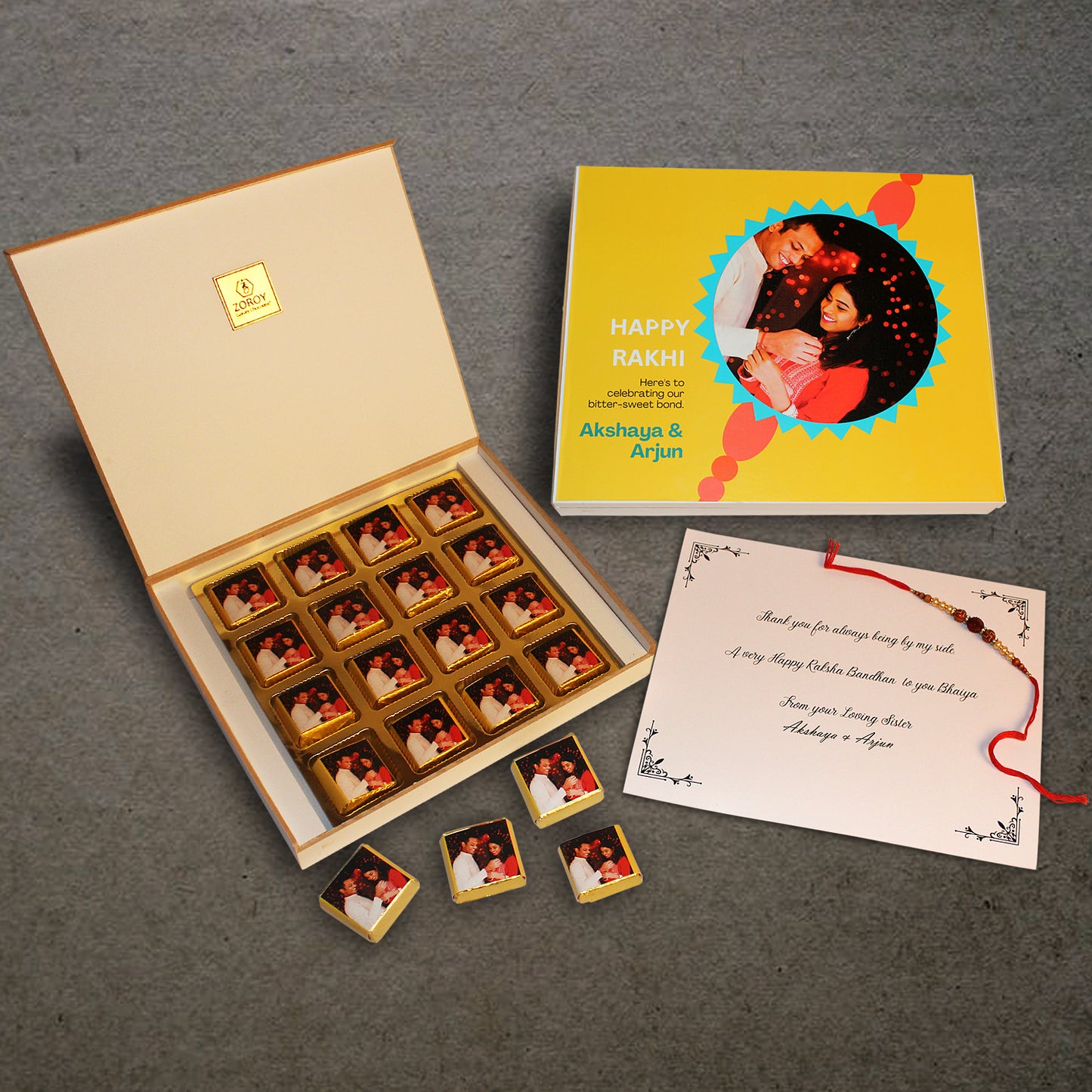 ZOROY - Elegant Rakhi Gift for Brother & Sister - Personalized Gift Box and Wrapped Chocolates - 16 Wrapped Chocolates
