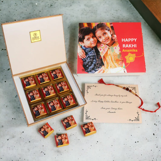 ZOROY - Elegant Rakhi Gift for Brother & Sister - Personalized Gift Box and Wrapped Chocolates - 9 Wrapped Chocolates