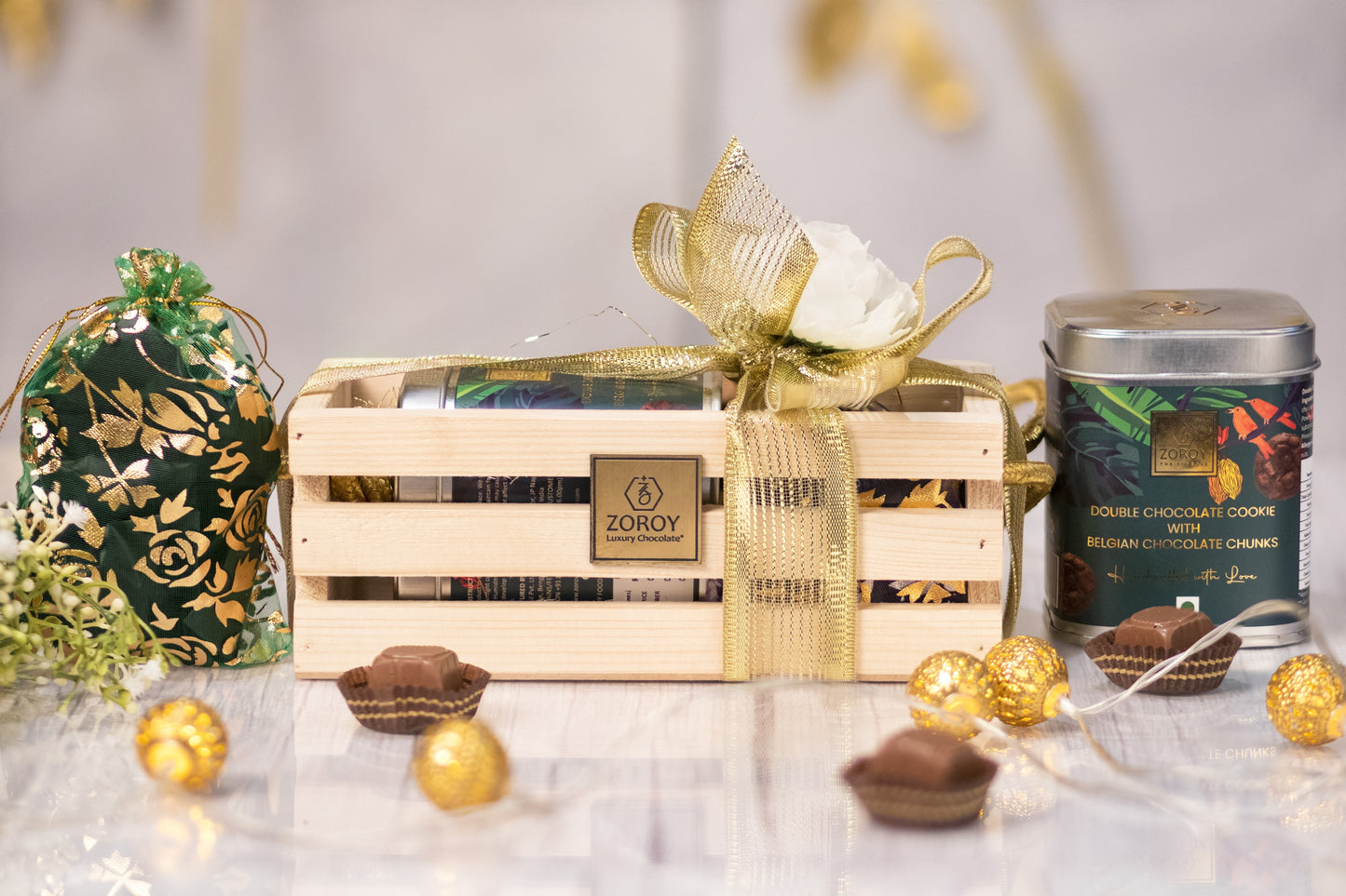 ZOROY Luxury Chocolate Pine Wood Box Gift Combo Hamper | Reusable Box with Handle contains Cookie & 6 Milk and Dark Chocolate | Corporate Celebration Diwali Rakhi Christmas New Year Online Gifts Set