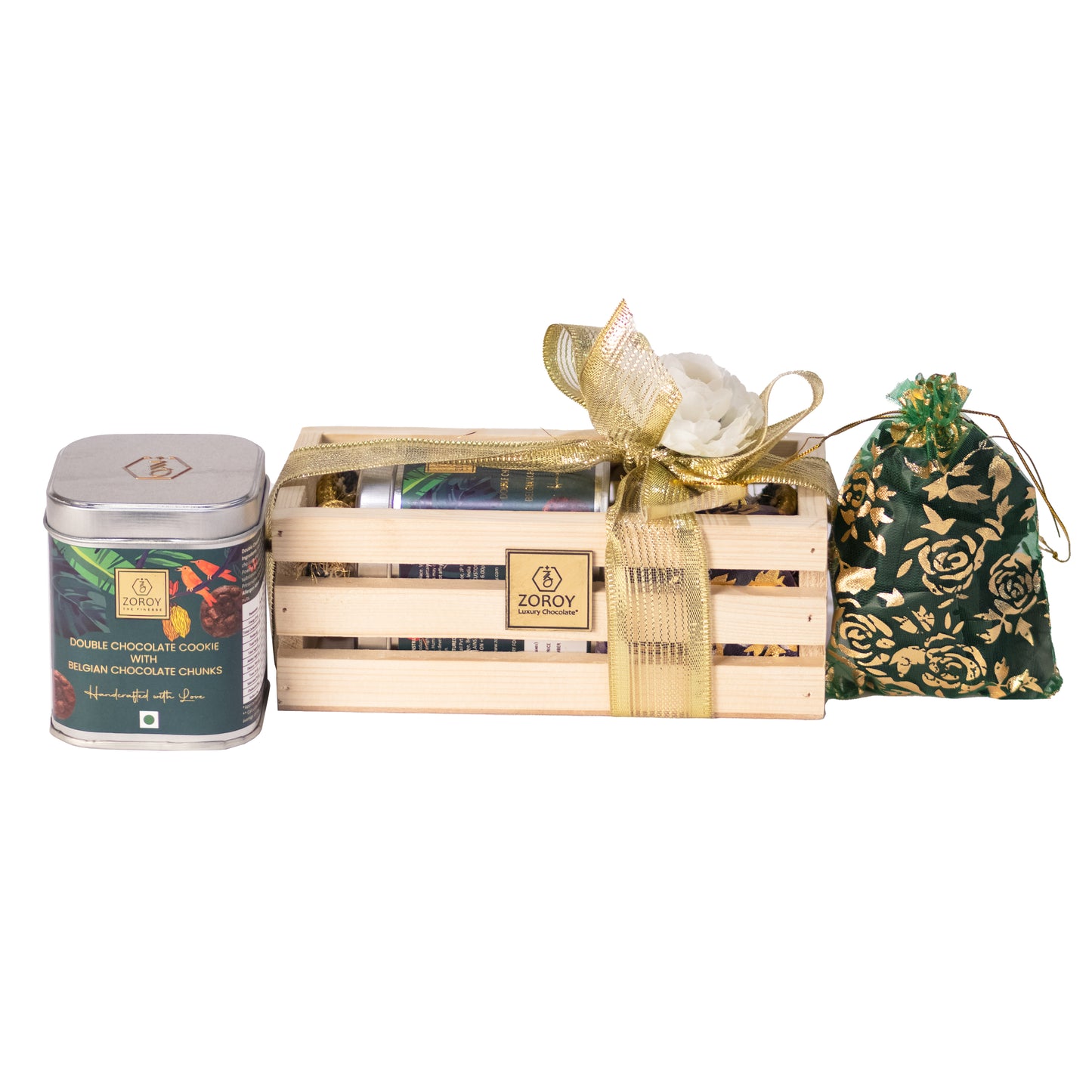 ZOROY Luxury Chocolate Pine Wood Box Gift Combo Hamper | Reusable Box with Handle contains Cookie & 6 Milk and Dark Chocolate | Corporate Celebration Diwali Rakhi Christmas New Year Online Gifts Set