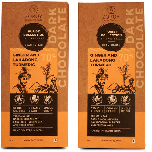 ZOROY Purist Collection, 70% Dark chocolate with Lakadong Haldi and dried Ginger - The Immune Booster - Set of 2