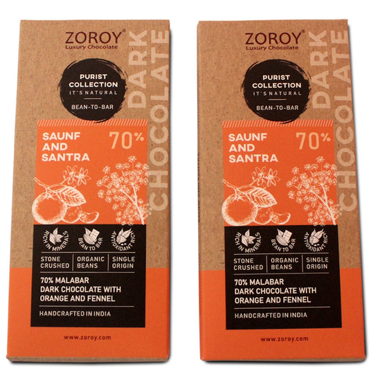 ZOROY Purist Collection, Set of 2 70% Organic Dark chocolate, with Saunf and Santra - 116gms