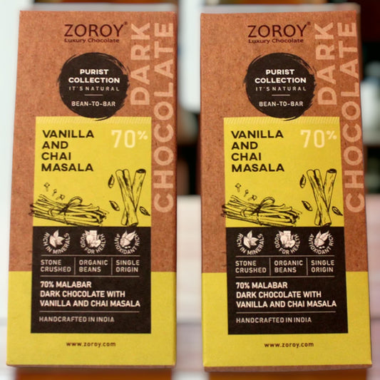 ZOROY Purist Collection, Set of 2 70% Organic Dark chocolate with Vanilla and Chai masala - 116gms