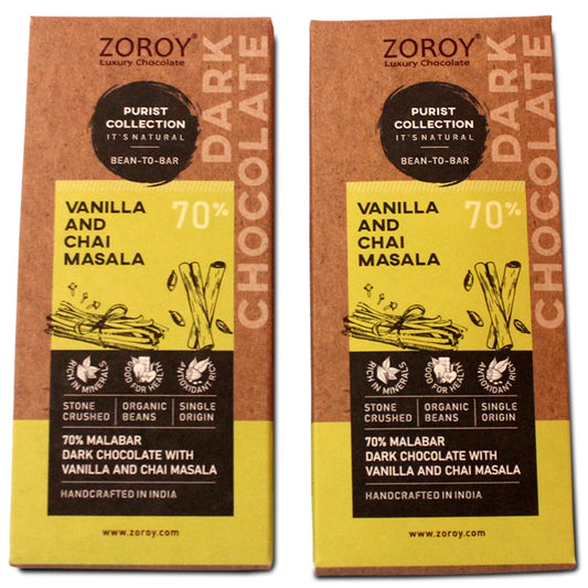 ZOROY Purist Collection, Set of 2 70% Organic Dark chocolate with Vanilla and Chai masala - 116gms