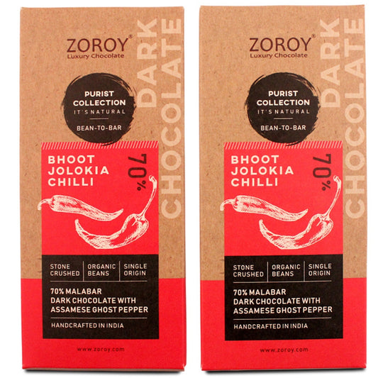 ZOROY LUXURY CHOCOLATE PURIST | 70% Artisanal Bhoot Jhalokia Chilli Dark chocolate  | Single origin Bean to Bar | organic beans | Gluten Free | Healthy chocolate | Soy free | Vegan | Set of 2 | 116gms