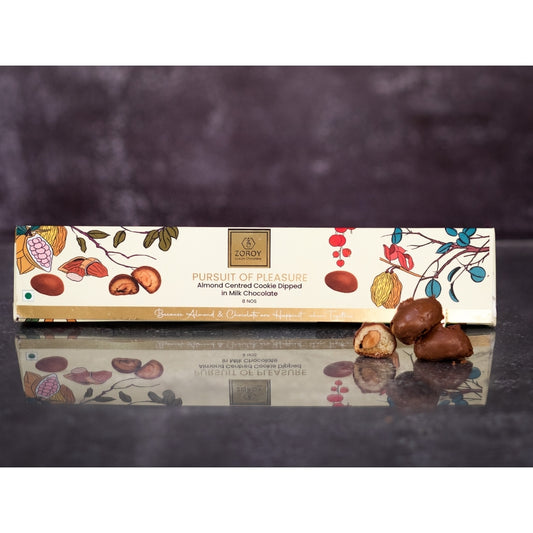 ZOROY Pursuit Of Pleasure Caramelised almond centred cookies dipped Coated in Milk chocolate | Gift Box for Celebrations Diwali Festive Birthday Corporate New Year - 90 Gms