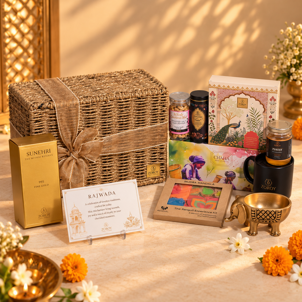 ZOROY Rajwada Heritage Premium Indian Host Gift Hamper | Gourmet Chocolates, Nuts, Tea & Honey | Diwali, Corporate & Bulk Gifting