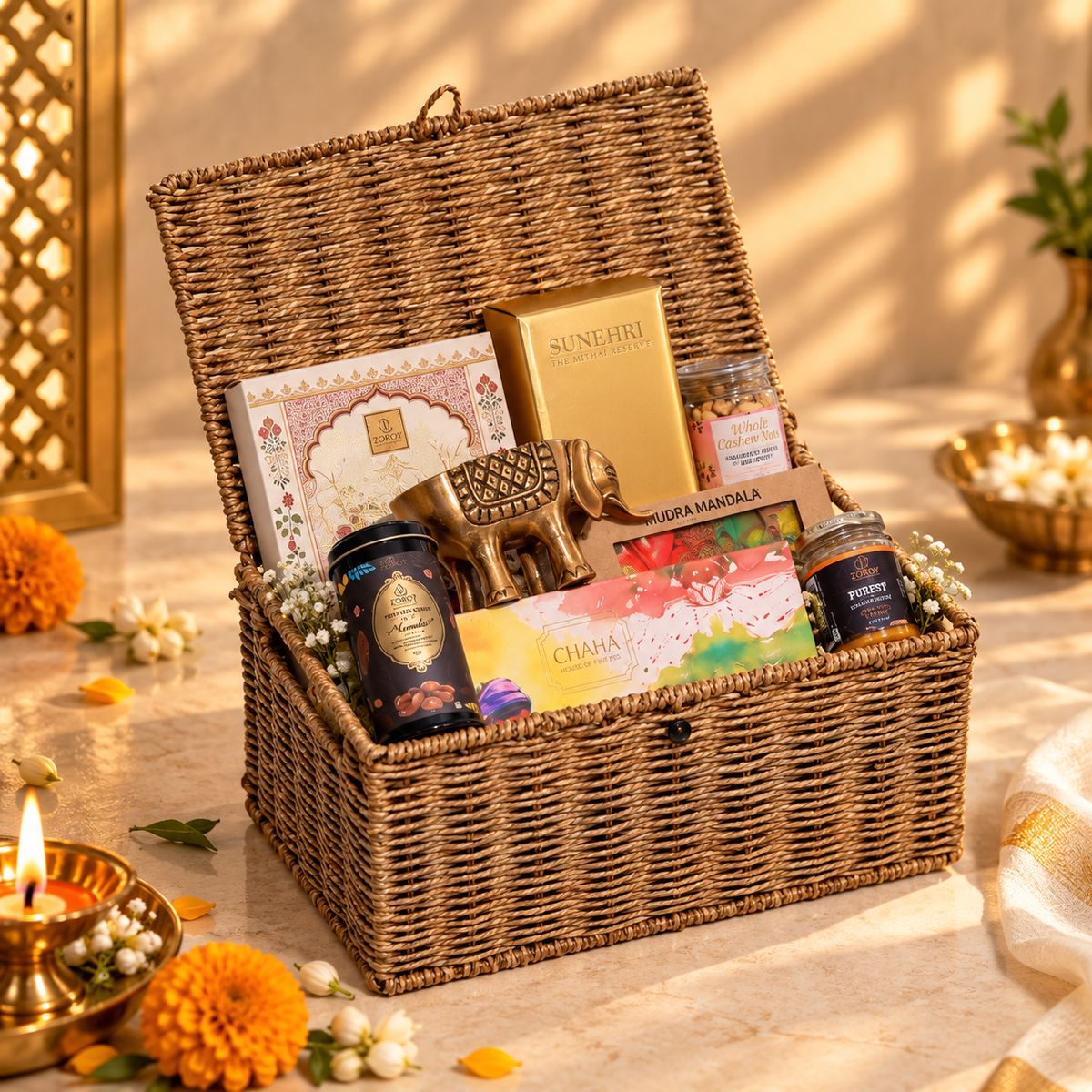 ZOROY Rajwada Heritage Premium Indian Host Gift Hamper | Gourmet Chocolates, Nuts, Tea & Honey | Diwali, Corporate & Bulk Gifting