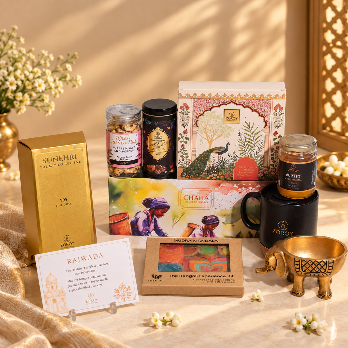 ZOROY Rajwada Heritage Premium Indian Host Gift Hamper | Gourmet Chocolates, Nuts, Tea & Honey | Diwali, Corporate & Bulk Gifting