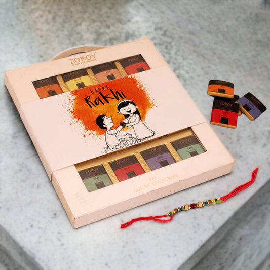 ZOROY LUXURY CHOCOLATE Rakhi Chocolate Gift for Brother | Rakhi Gift for Brother Bhabhi | Rakhshabandhan gift for sister| Rakhi gift chocolate pack | Signature Belgian style thin | set of 16 | 130 gms