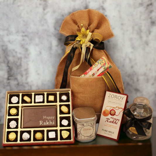 ZOROY Luxury Chocolate Rakhi Hamper for Brother Sister | Jute bag with chocolates | Dry fruits | Cookies | Rakhi chocolate | Rakhi set for Bhaiya Bhabhi | Rakhi gift combo | Rakshabandhan gift for sister | 525 Gms