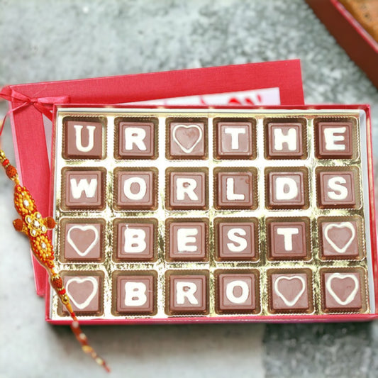 ZOROY Luxury Chocolate Rakhi Gift Sister | Message Chocolate | U R THE WORLDS BEST BRO CHocolate | Rakhi Gift for Brother | Rakshabandhan gifts for brother | Complimentary Rakhi | 24 chocolate letters
