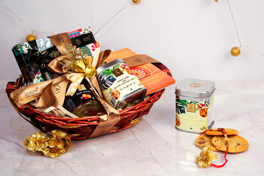 ZOROY Luxury Chocolate Rakhi Hamper for Brother Sister | Rakhi basket with chocolates | Happy Rakhi chocolate |Rakhi set for Bhaiya Bhabhi | handcrafted cookies | Rakhi gift combo | Rakshabandhan gift