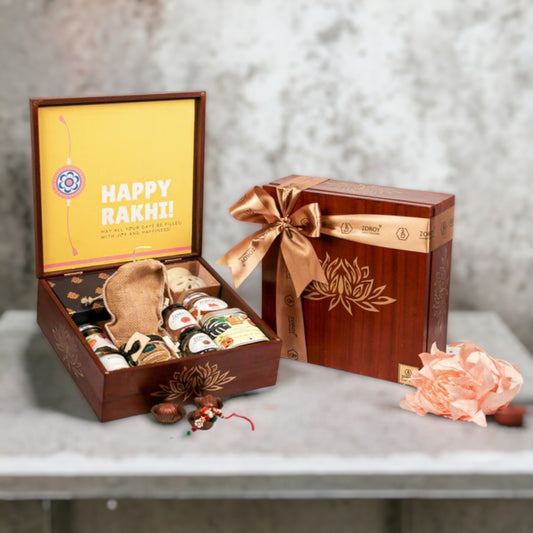 ZOROY Rakhi Hamper for Brother Sister | Wood Box Rakhi set with dry fruits | Happy Rakhi chocolate | Rakhi set for Bhaiya Bhabhi | Dried fruits | Rakhi gift combo | Rakshabandhan gift | Complimentary Rakhi | 900 Grams