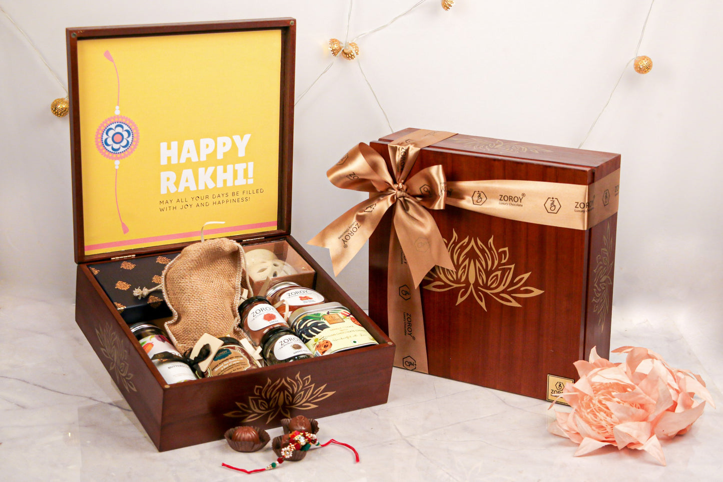 ZOROY Rakhi Hamper for Brother Sister | Wood Box Rakhi set with dry fruits | Happy Rakhi chocolate | Rakhi set for Bhaiya Bhabhi | Dried fruits | Rakhi gift combo | Rakshabandhan gift | Complimentary Rakhi | 900 Grams