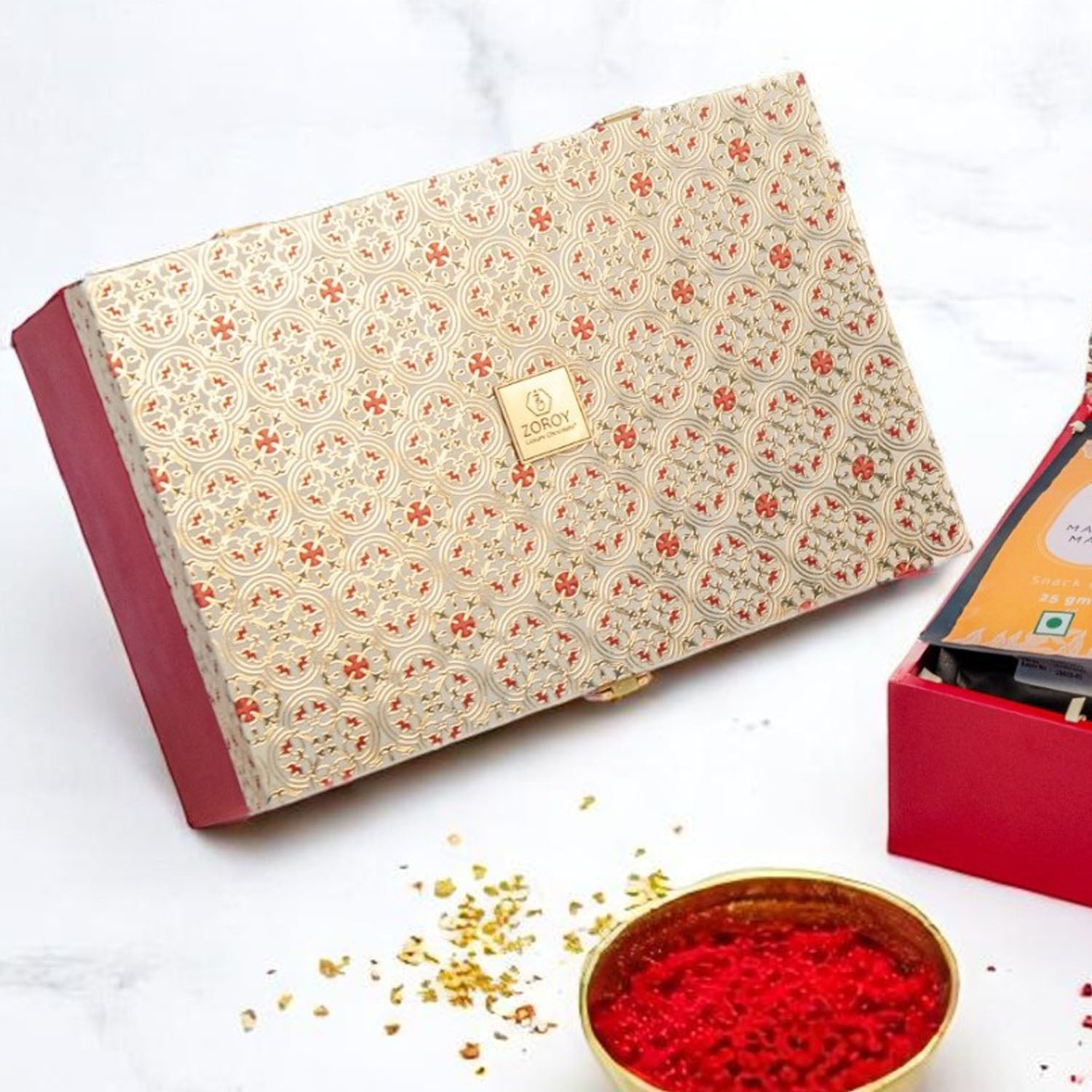 ZOROY Opulent Wooden Rakhi Gift Hamper | Traditional Design with Assorted Snacks & Chocolates | Includes 2 Rakhis, Akshat Kumkum & Rakhi Card | Premium Raksha Bandhan Gift Box for Brother & Sister