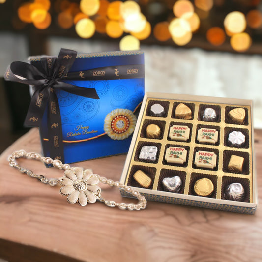 ZOROY Rakshabandhan Gift Box of Happy Rakhi Milk & white chocolates with Silver Plated bracelet style Rakhi