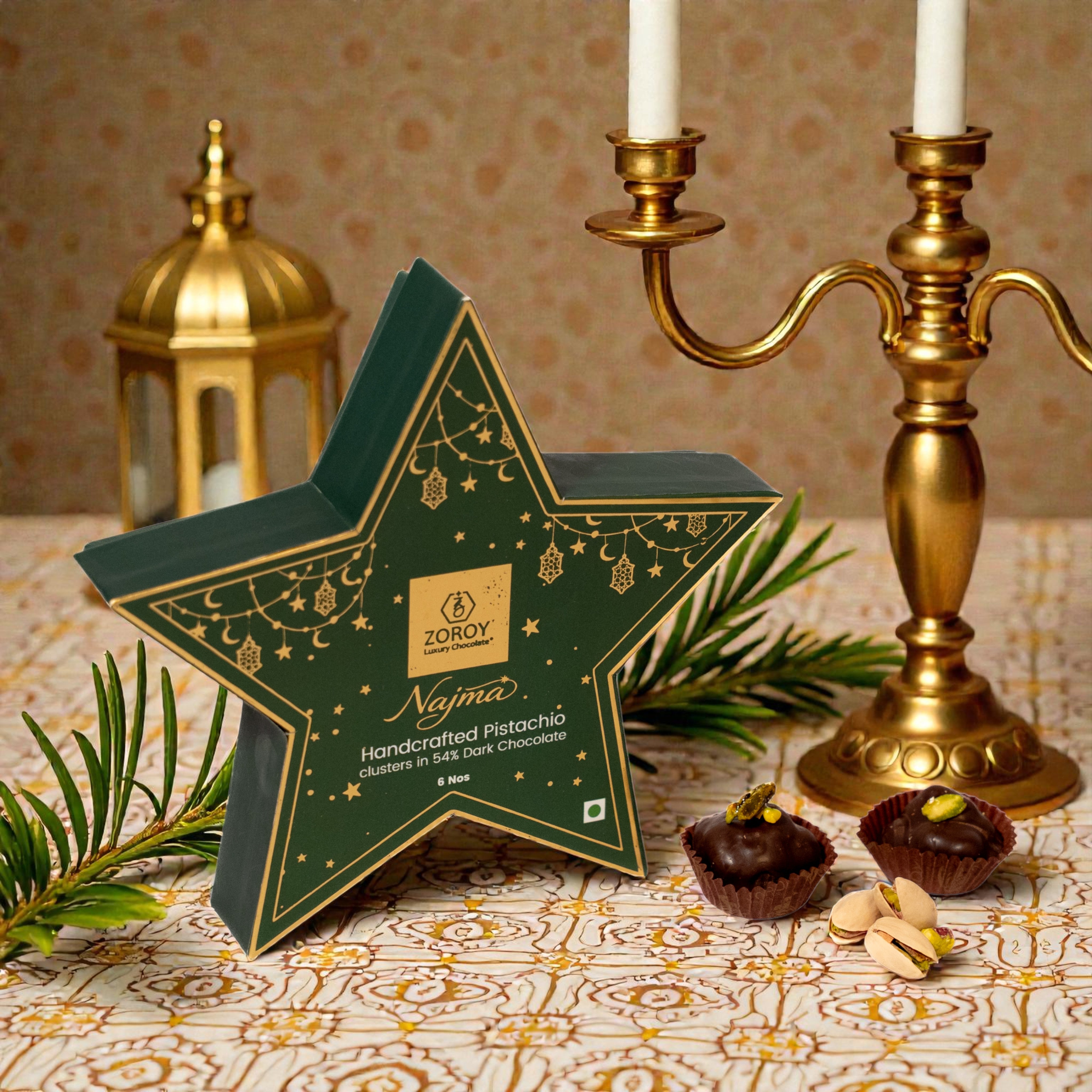 ZOROY Ramzan & Eid Mubarak Najma Chocolate Gift Box | Star Shaped Premium Dark Chocolate with Caramelised Pista Clusters | Festive Hamper for Gifting | 6 Nos