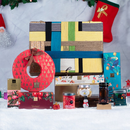 ZOROY Luxury Chocolate Christmas SEASONAL UPCYCLED ARTISAN  JUTE HAMPER LUXE With Eggless Plum Cake, Dried Fruits, Cookies And Other Goodies For Corporate New Year Xmas Large Combo Gift Box